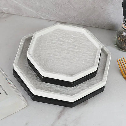 1PC Octagonal Black White Plate Luxury Light Luxury Steak Plate Western Food Dish Tableware for Home Dining Table