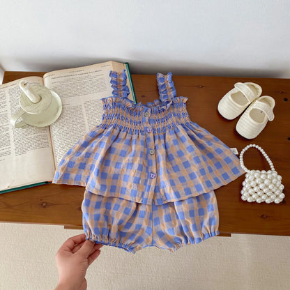 Korean Style Baby Girl Set Suspender Shirts with Shorts Purple Plaid Two Piece Suit Girls Summer Beach Casual Clothes