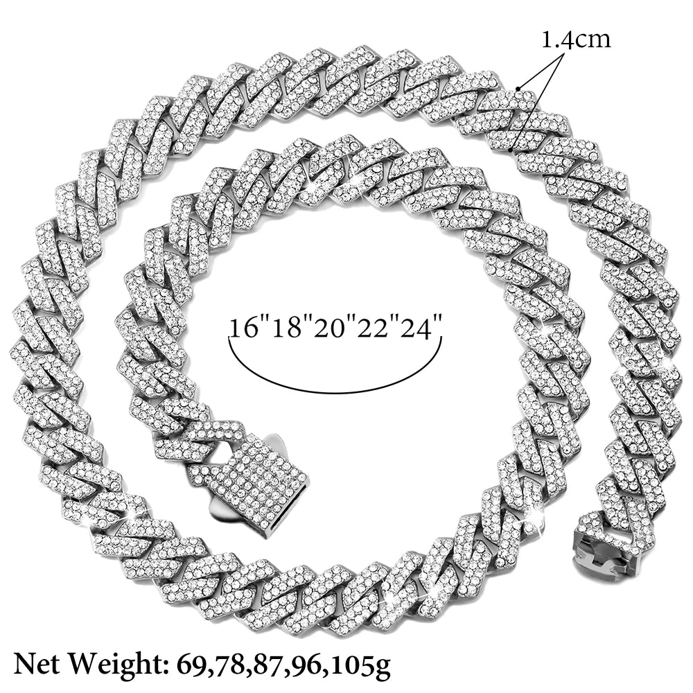 Iced Out Cuban Link Chain 14MM Prong Rhombus Diamond Cuban Chain Hip Hop Choker Necklaces Women Men Jewelry Wholesale