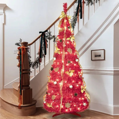 6FT Prelit Full Pop Up Christmas Tree with 150 Warm LED Lights, Gold and Red Ribbon, Bows, Balls Ornaments Easy Assemble Collapsible Xmas Trees Holiday Party Decor