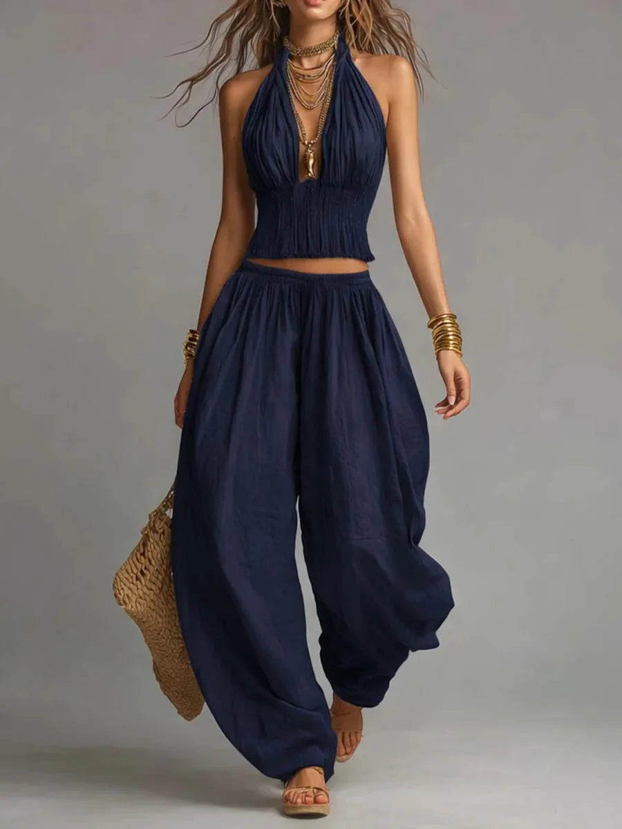 Summer Women Fold Waist 2PCS Boho Outfit Halter Neck Crop Top+Wide Leg Pants Set Casual Summer Beach Linen Matching Sets