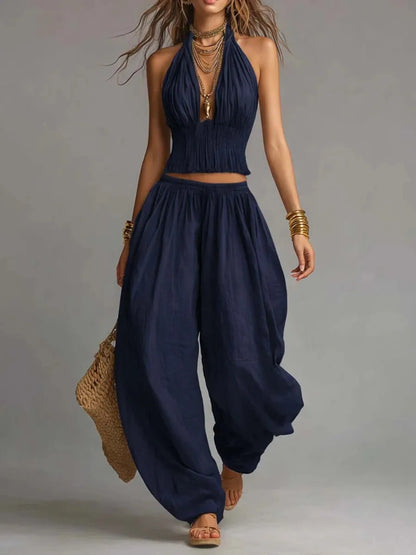 Summer Women Fold Waist 2PCS Boho Outfit Halter Neck Crop Top+Wide Leg Pants Set Casual Summer Beach Linen Matching Sets