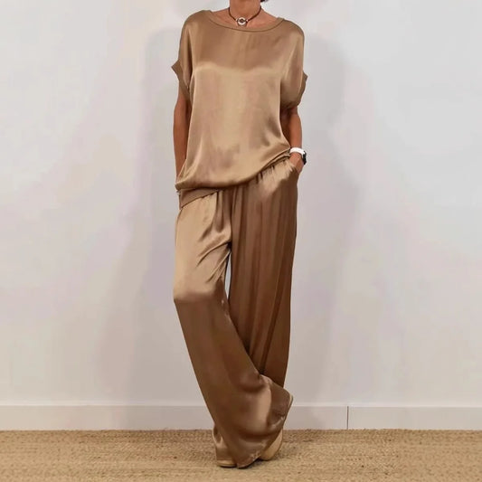 Casual Loose Satin T Shirt Pants Two Piece Sets Women Fashion O-neck Short Sleeve T Shirts Suit Spring Summer Wide Leg Pant Sets