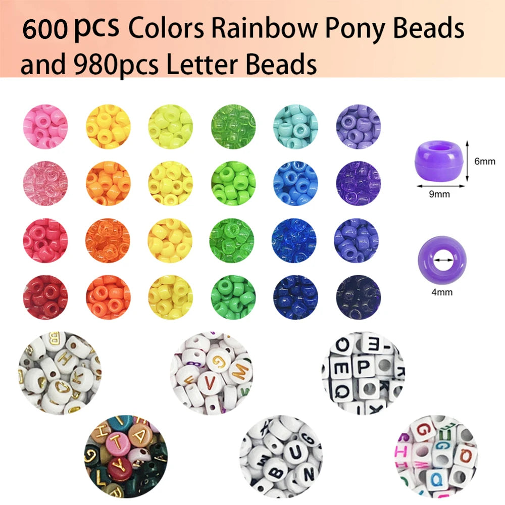 SHU YU Pony Beads for Friendship Bracelet Making Kit 24 Colors Kandi Beads Set, Plastic Rainbow Bulk and 980pcs Letter Beads wit
