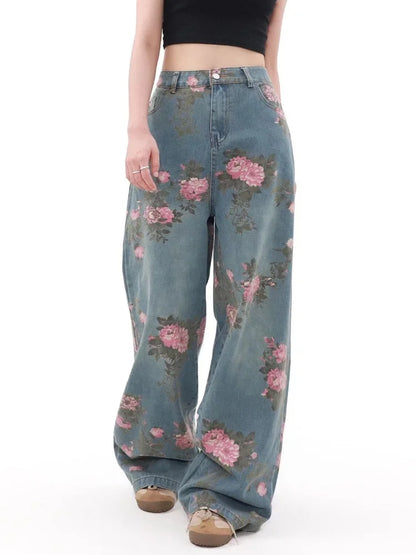 2026 Ropa Y2K Fashion Peach Blossom Printed Baggy Jeans Pants For Women Clothing Wide Leg Casual Lady Trousers Pantalon Femme