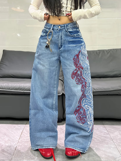American Retro Two-Color Embroidered Wide-Leg Women's High-Waisted Jeans - Fashionable Design, Straight-Leg Loose Slimming Wide-Leg Floor-Length Trousers For Street Hotties