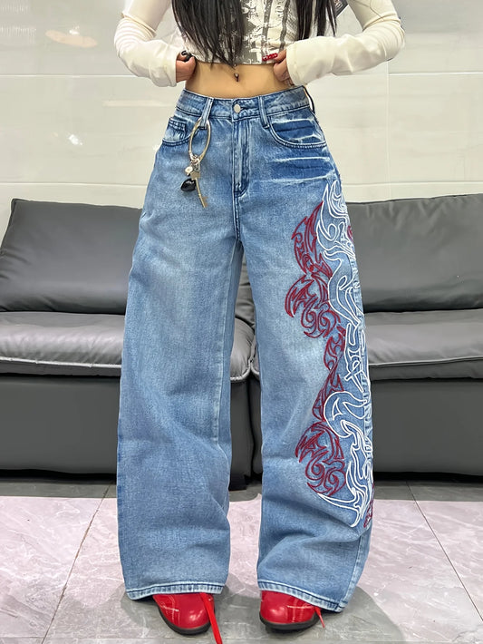 American Retro Two-Color Embroidered Wide-Leg Women's High-Waisted Jeans - Fashionable Design, Straight-Leg Loose Slimming Wide-Leg Floor-Length Trousers For Street Hotties