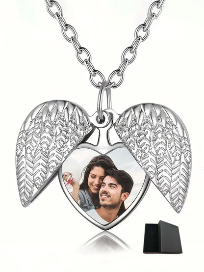 Custom photo pendant commemorative necklace, personalised heart-shaped photo angel wing pendant necklace, personalised gift