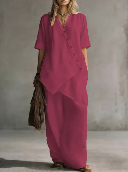 2026 Women's Fashion Casual Solid Color V-Neck Loose Short Sleeve Top and Cardigan with Long Pants Two-Piece Set