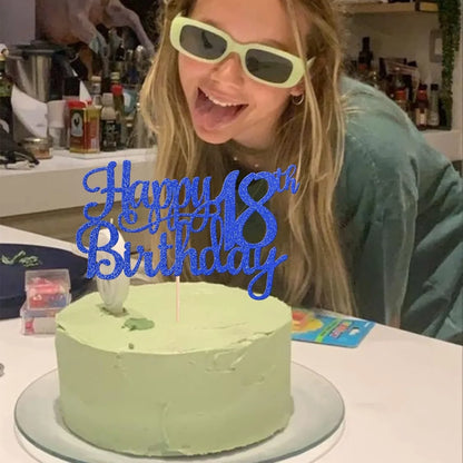 1Pack Happy 18th Birthday Cake Topper,Cheers to 18 Years Cake Decor, Funny 18th Birthday Decorations Supplies Blue Glitter