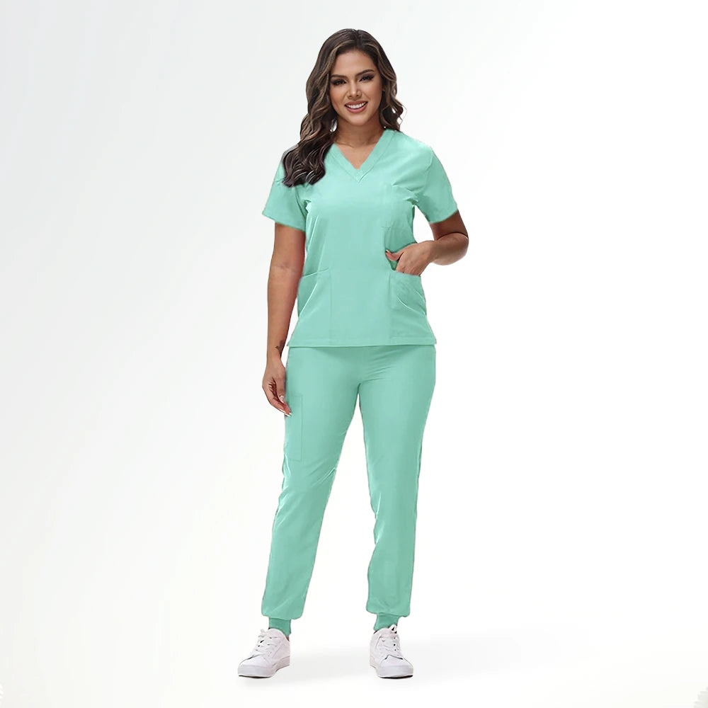 Women's Nurse Scrub Set | V-Neck Top & Jogger Pants, Stretch Jersey | Medical Workwear