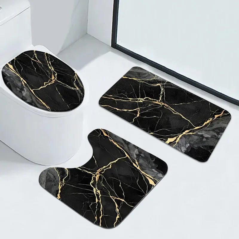 VIKAMA Gold Marble Bath Mat Set, 3PCS Non-Slip Absorbent Rugs for Bathroom Floor, Shower, Toilet