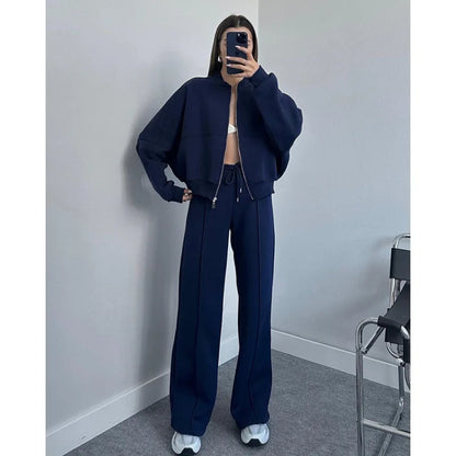 Fashion Women's Suit Zipper Trousers Round Neck Sweatshirt Wide Leg Trousers 2 Piece Set Conjuntos De Pantalón Fall Clothes 2025