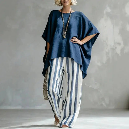 Women T-shirt Pants Two Piece Set Summer O-Neck Short Batwing Sleeves Shirt Striped Trousers Loose Casual Top Pants Suit Casual