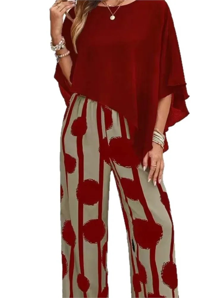 Summer Two Piece Set Printing Loose Casual Wide Leg Pants Loose Bat Short Sleeve Top Women Elastic High Waist Fashion Pants Set