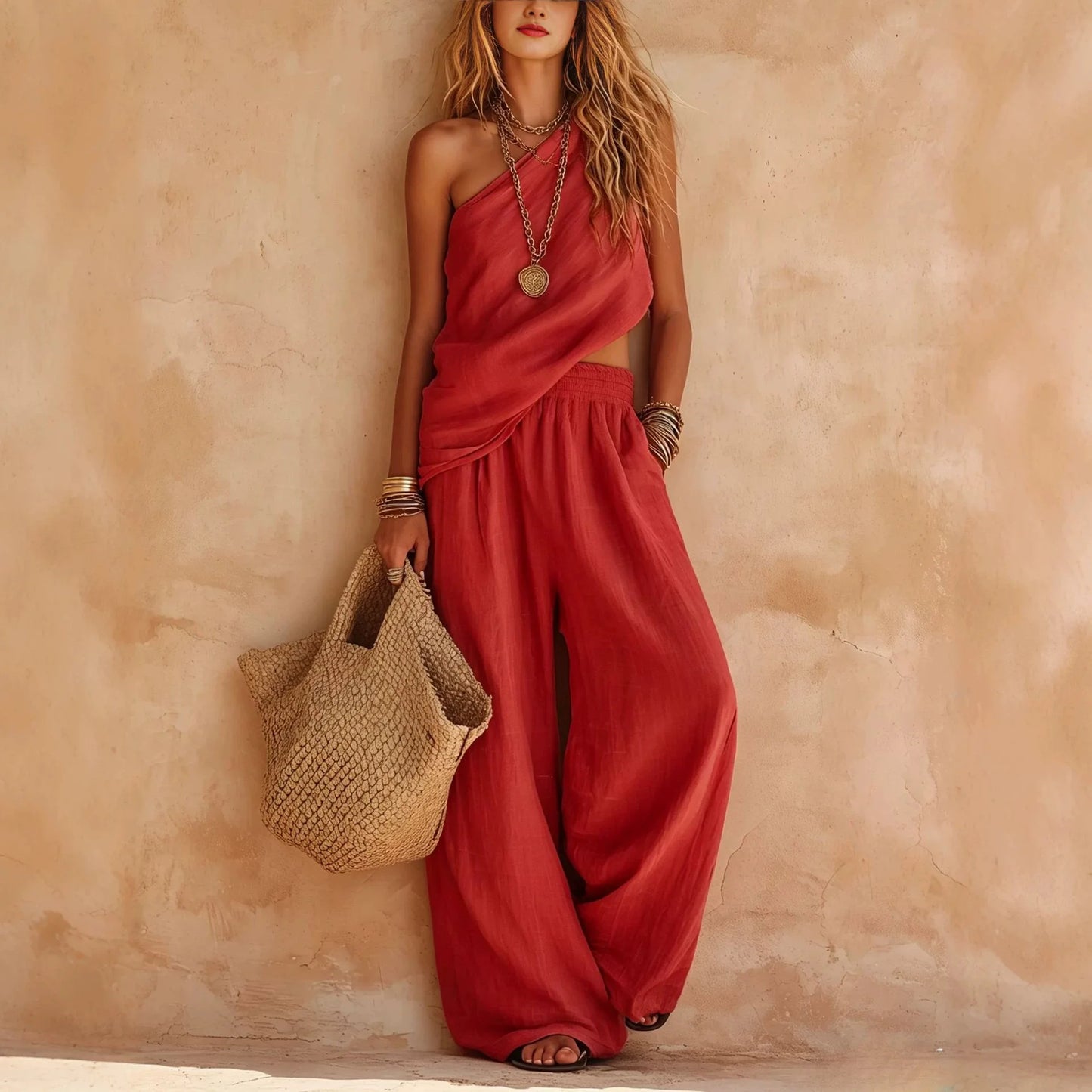 Womens Casual Matching Set Summer Linen Wide Leg Pants Jumpsuit Two Piece Outfits