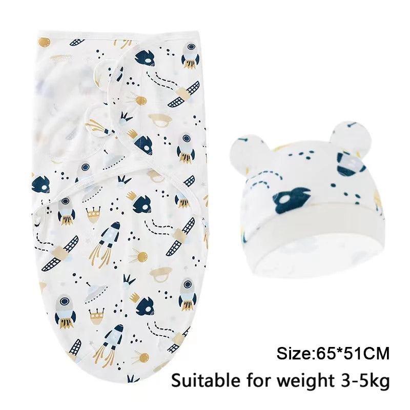 Baby Blanket Hat Set Cartoon Printed Cotton Newborn Swaddle Adjustable