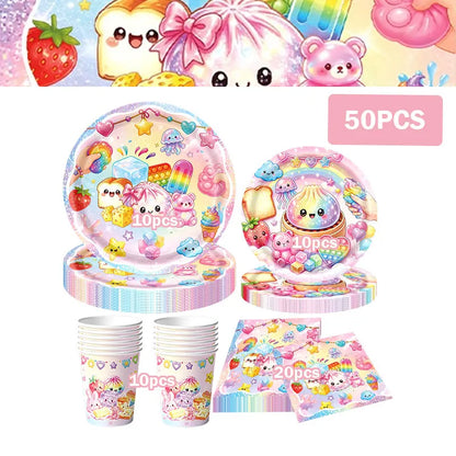 Squishy Bao Bun Themed Birthday Party Decorations Set Tableware Paper Plates Cups Cute Squishy Gift Bags Balloon Banner Supplies