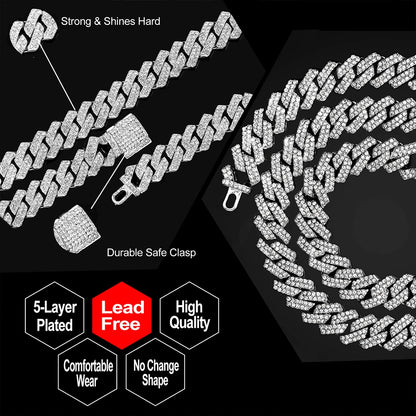 14mm Iced Out  Prong Cuban Link Chain Necklace for Men Women 2 Row Rhinestone Paved Miami Rhombus Hip Hop Jewelry Wholesale