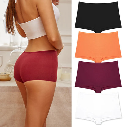 4PCS/Set Women Cotton Panties Sexy Low Rise Boyshorts Seamless Sports Boxers Female Comfortable Underwear Solid Color Lingerie