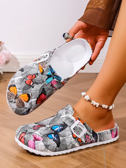 New Women's Fashionable Slip-On Slippers Elegant Black-Gray Butterfly Watermark Wedge Heel with Durable Soft Sole Comfortable Fo