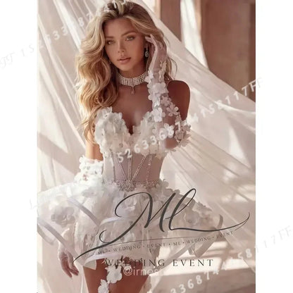 for ML Charming 3D Floral Wedding Dress Sweetheart Illusion Detachable Train Mini Ball Gown Bride Dresses Customized Robe De