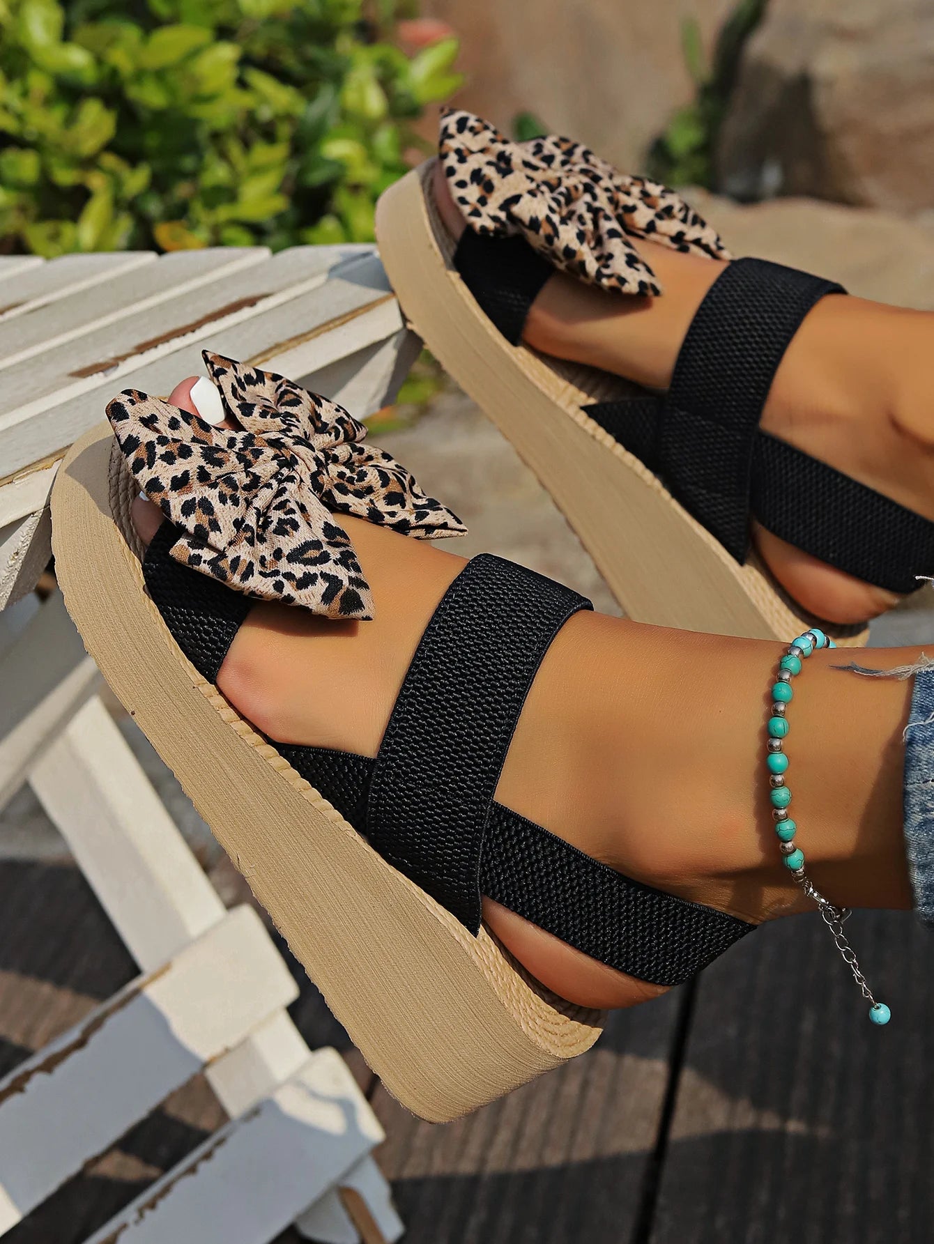 Women's Wedge Thick Sole Sandals Sexy Leopard Print Bow Daily Commuting Beach Party Leisure Fashion Versatile Sandals