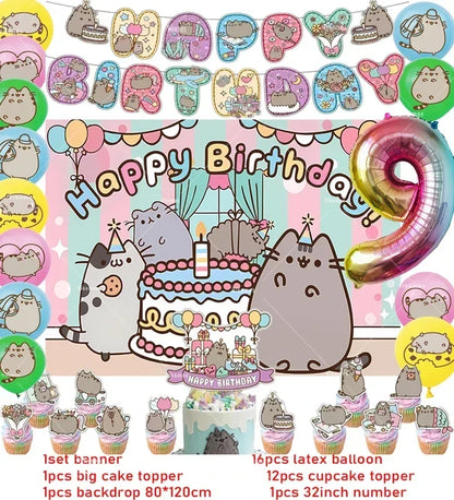 The Pusheen Cat Balloons Birthday Decoration Party Supplies Cartoon Grey Pet Fat Cat Theme Banner Backdrop Cake Topper Sticker
