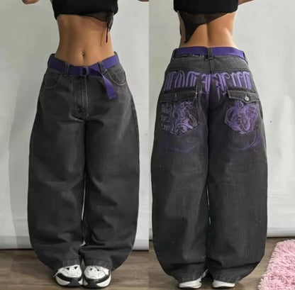 American New Fashion Cherry Blossom Letter Pattern Embroidered Baggy Jeans Women Y2K Gothic Popular Straight Wide-leg Trousers