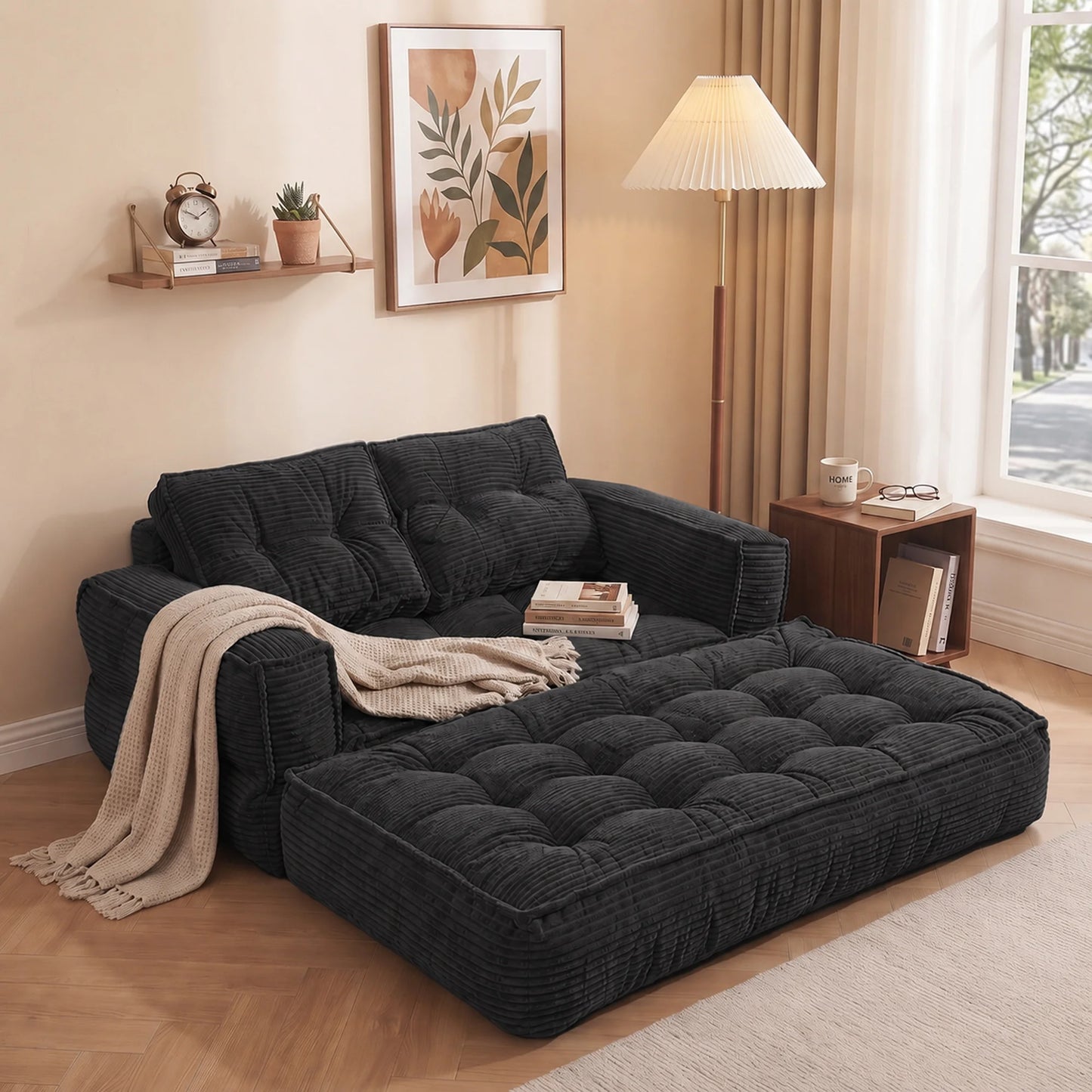 51" 2-Seater Modular Corduroy Sofa with Chaise, 2-in-1 Boneless Convertible Floor Couch, Lazy Double Sofa with Armrest for Living Room, Black