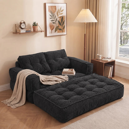 51" 2-Seater Modular Corduroy Sofa with Chaise, 2-in-1 Boneless Convertible Floor Couch, Lazy Double Sofa with Armrest for Living Room, Black