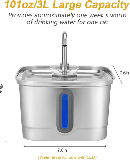 101oz/3L Stainless Steel Cat Water Fountain Automatic Pet Water Dispenser with Replacement Filters for Small Dogs And Cats