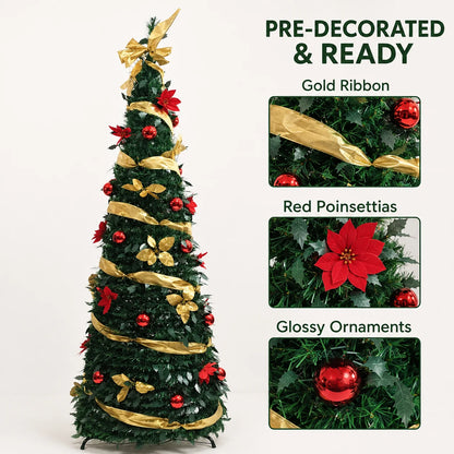 Green PVC Christmas Tree 1.5/1.8/2.1M Pre-Decorated Bow Topper Flowers,Foldable Xmas Tree Optional USB Lights Holiday Home Decor