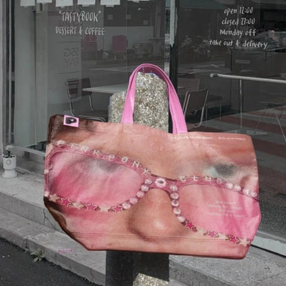 Rhinestone Glasses DuPont Paper Shopping Bag Large Capacity Creative Streetwear Print Tote Bag Handbag Pink Y2K Shoulder Bag