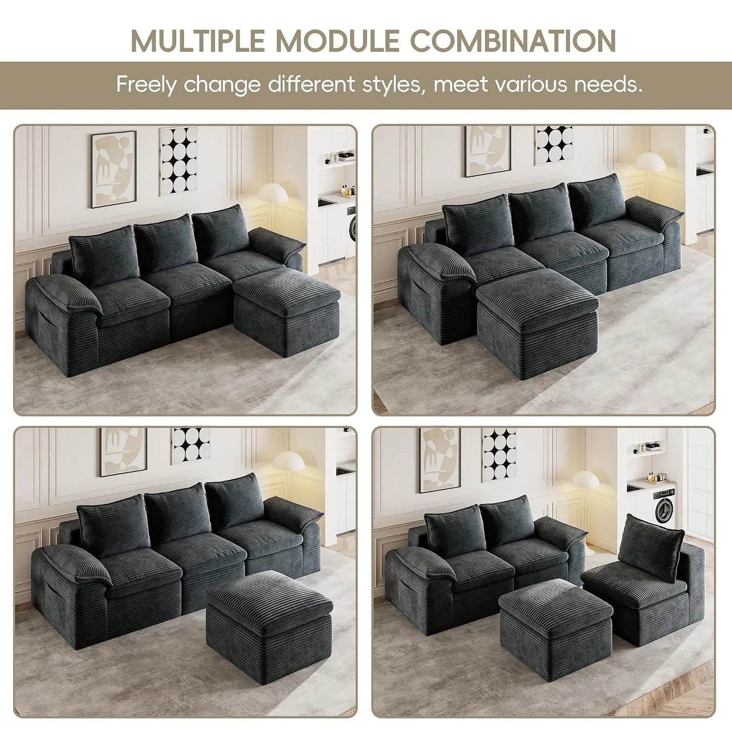 2Pcs Cloud Sectional Couch Sets, Convertible Modular Sofa. Grey | Boneless Couch, Deep Seat, Widened Armrests,, Customized