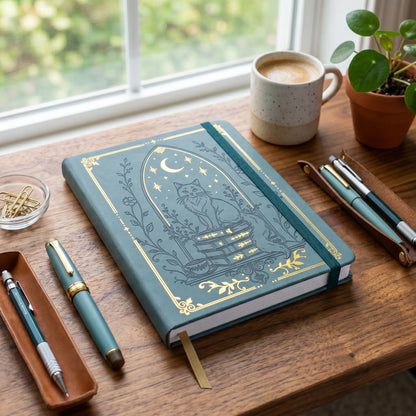 B6 Dot Grid Notebook, 160gsm Ivory Paper, 5mm Dotted Pages, Lay-Flat Hardcover with Gold Foil Cat Moon Design, Elastic Closure