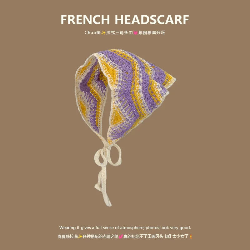 Korean-style cozy knit triangular headscarf for women, spring/summer, cute versatile country beach vacation hairband