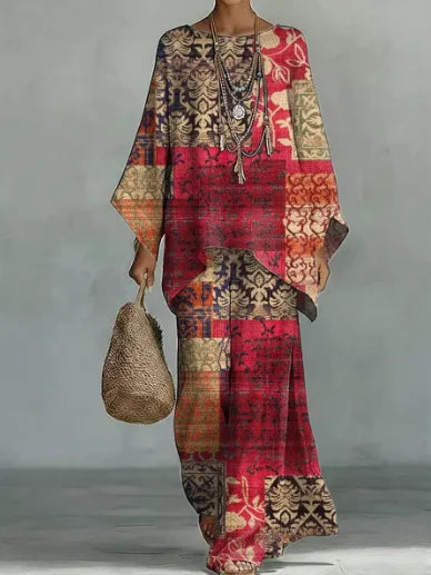 Boho Two Piece Set Summer Women's Loose Patchwork Wide Leg Pants Set Fashion O Neck Pullover Top 2-piece Set Outfit Streetwear