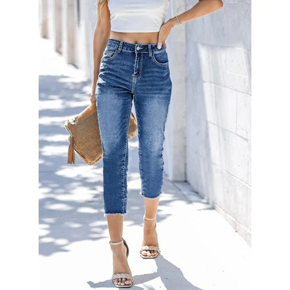 2025 2025 Women's Trendy Capri Jeans High Waisted Straight Leg with for Raw Hem Sky Blue Size 12