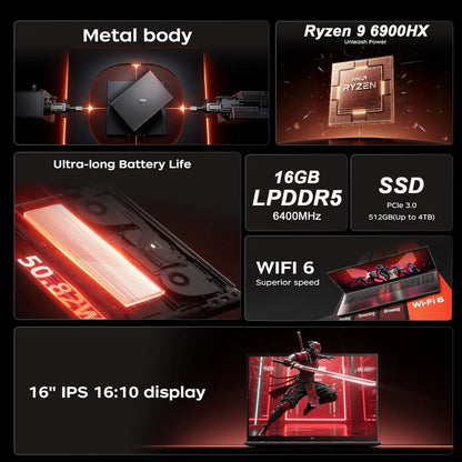 KAMRUI 16inch Laptop AMD Ryzen 9 6900HX 16GB LPDDR5 512GB PCIe3.0 SSD 1920P FHD 4400MAh Type-C Win11 Computer for Gaming Laptop