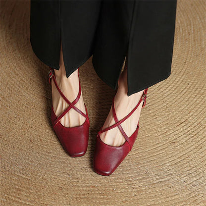 New Genuine Leather Summer Sandals Women Shoes Square Toe Sandals for Women Fashion Versatile Cover Toe Mid Heels Sandals