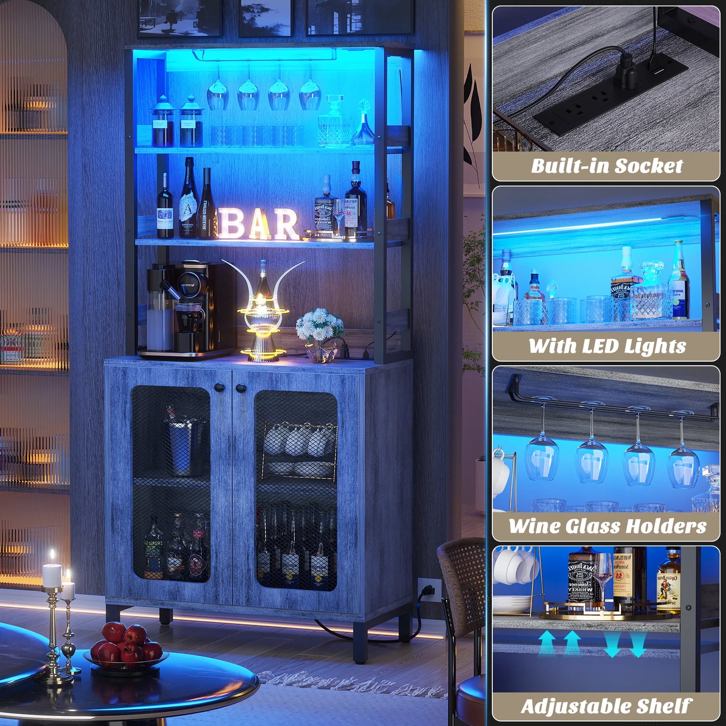 67" Tall Bar Cabinet with LED Lights And Glass Holder - Wine Liquor Cabinet with Power Outlets for Living Room Coffee Bar Station Microwave Stand Bakers Rack, White Oak