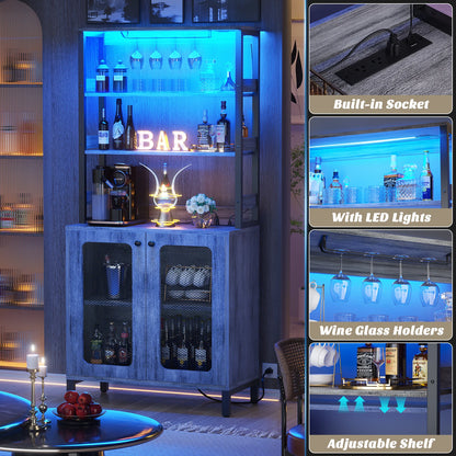 67" Tall Bar Cabinet with LED Lights And Glass Holder - Wine Liquor Cabinet with Power Outlets for Living Room Coffee Bar Station Microwave Stand Bakers Rack, White Oak