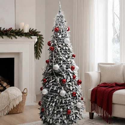 Flocked PVC Christmas Tree 1.5/1.8/2.1M Pre‑Attached Baubles, Foldable Xmas Tree with USB String Lights for Home Holiday Decor