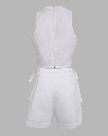 Two Piece Set Women Outfit 2025 Summer New Halter Sleeveless Hollow-Out Crop Tank & Casual Pocket Lace-Up Drastring Shorts Set