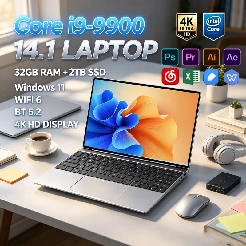 2026 14.1" Slim I9-9900 Laptop,32GB 2TB NVMe SSD,Win11 Pro,WIFI6 BT5.2 FHD Notebook for Gaming Design Office Study