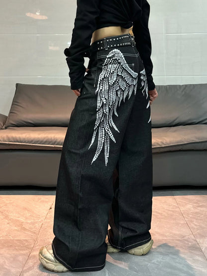 American Retro Angel Wings Print Black Women's Loose Wide-Leg Jeans Y2K Street Hip-Hop Trend Versatile Straight Trousers