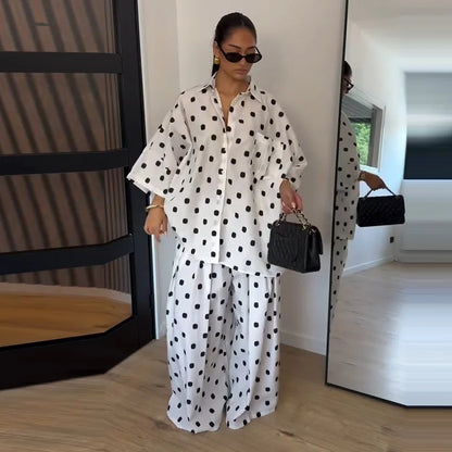 2026 Autumn Summer Polka Dot Shirt Pants Women Set Elegant Lapel Three Quarter Top Wide Leg Trousers Vacation Lady Outfit Suits