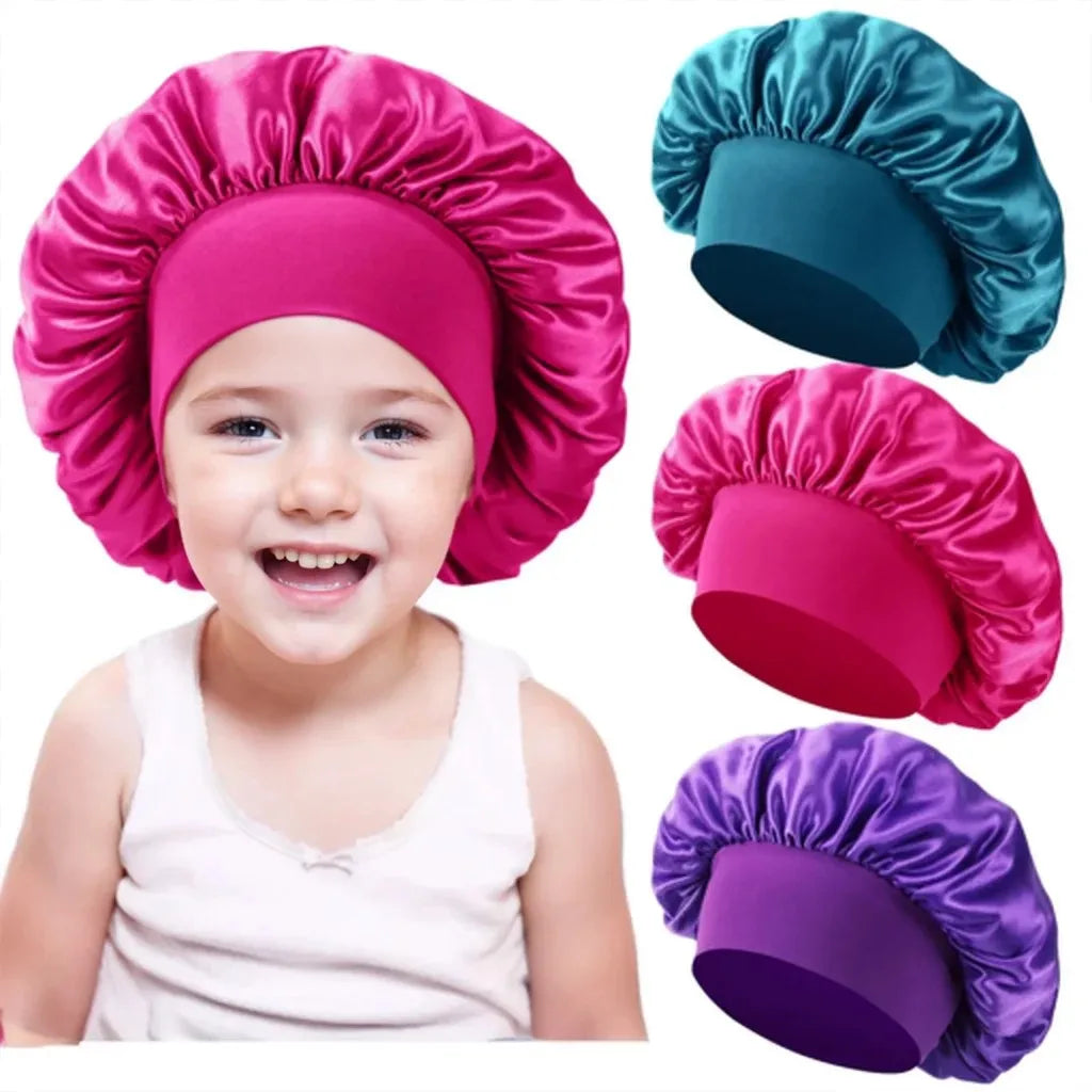 Kids Sleep Cap Satin Bonnet for Child Girls Boys Toddler Night Sleeping Hat Elastic Solid Blank Cook Beanie Soft Turban Headwear