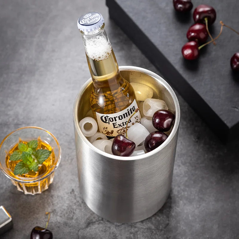 Stainless Steel Double Wall Wine Cooler Insulated Tabletop Wine Chiller for White Wine Champagne Fits Most Standard Sized Bottle